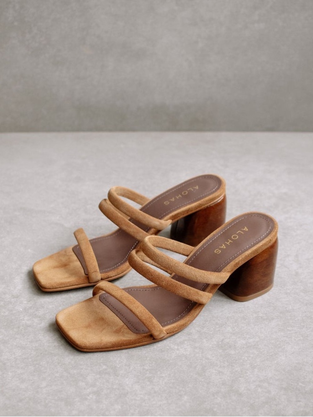 ALOHAS Cognac Suede Triple-Strap Block Heel Sandals